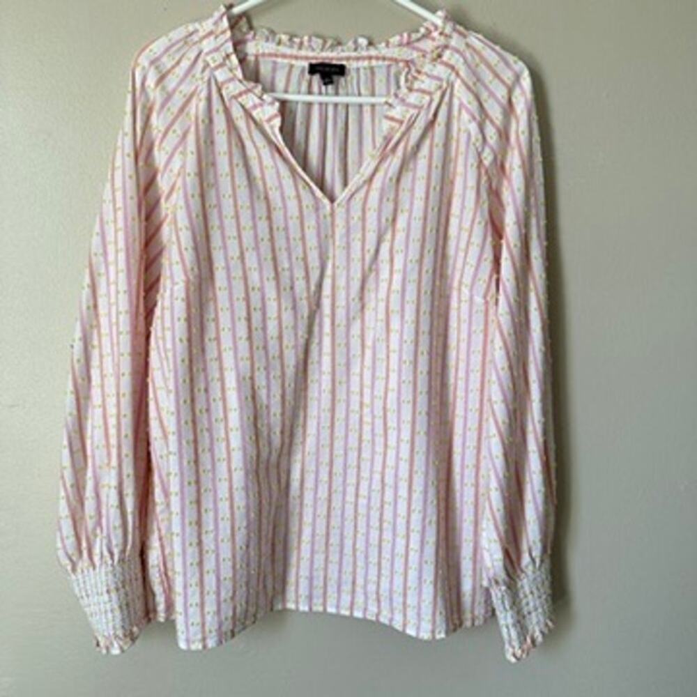 Talbots Striped Blouse Womens MEDIUM Pink Yellow Clip Dot Striped Ruffle Trim